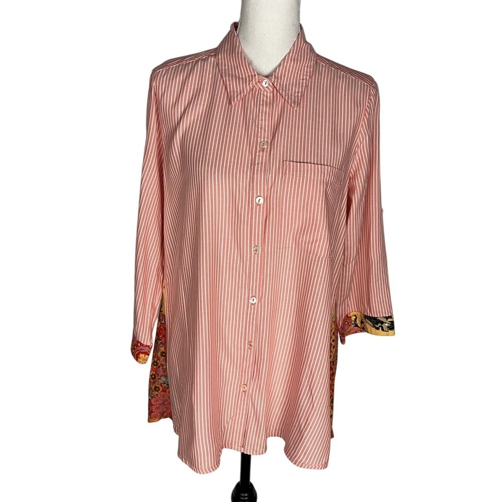 Intro Multicolored Print Long Sleeve Button Down Shirt Women Size S Mixed Media